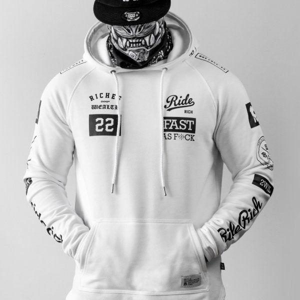 Ride Rich GP Scoop Motorcycle Hoodie White
