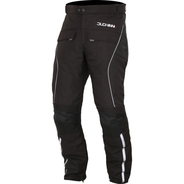 Front view of Duchinni Phantom black motorcycle trousers with armour and stretch panels