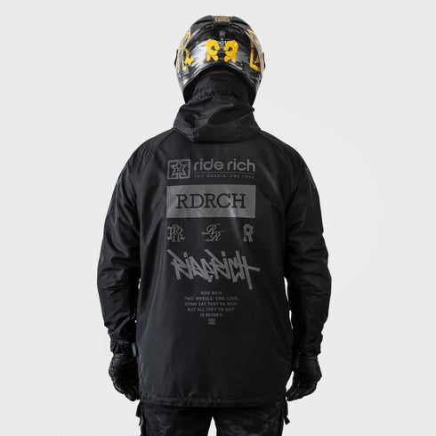 Ride Rich Concord Armoured GP Anorak Softshell Motorcycle Jacket - All Black Size: Small