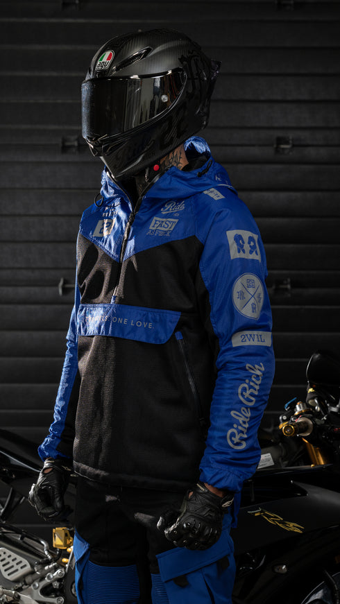Ride Rich Concord V2 Flow Mesh Armoured GP Anorak Motorcycle Jacket - Blue Size: Small