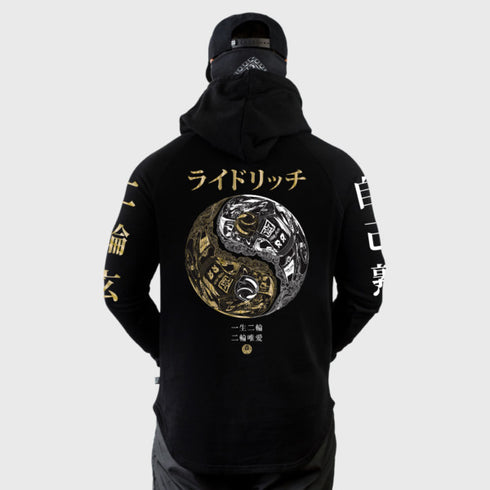 Back view of Black Ride Rich motorcycle hoodie with Japanese script and raglan sleeves