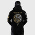 Back view of Black Ride Rich motorcycle hoodie with Japanese script and raglan sleeves