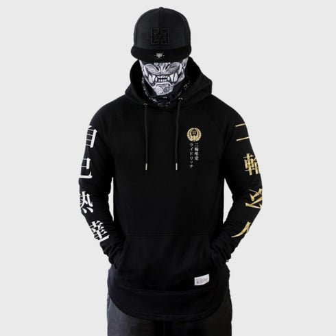 Front view of Black Ride Rich motorcycle hoodie with Japanese script and raglan sleeves