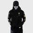 Front view of Black Ride Rich motorcycle hoodie with Japanese script and raglan sleeves