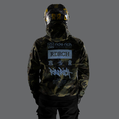 Ride Rich Regency Armoured GP Softshell Hooded Motorcycle Jacket - Woodland Camo