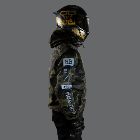 Ride Rich Regency Armoured GP Softshell Hooded Motorcycle Jacket - Woodland Camo