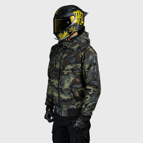Ride Rich Regency Armoured GP Softshell Hooded Motorcycle Jacket - Woodland Camo