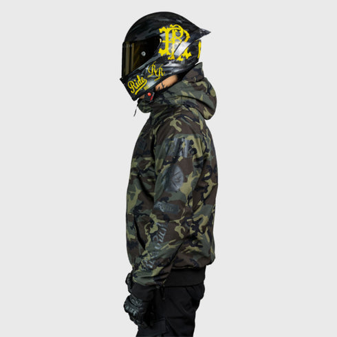 Ride Rich Regency Armoured GP Softshell Hooded Motorcycle Jacket - Woodland Camo