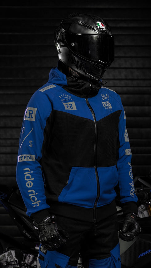 Ride Rich Regency V2 Flow Mesh Armoured GP Softshell Motorcycle Jacket - Blue Size: Small