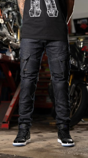 Ride Rich Unit 16 Armoured Denim Cargo Motorcycle Joggers - Raw Indigo