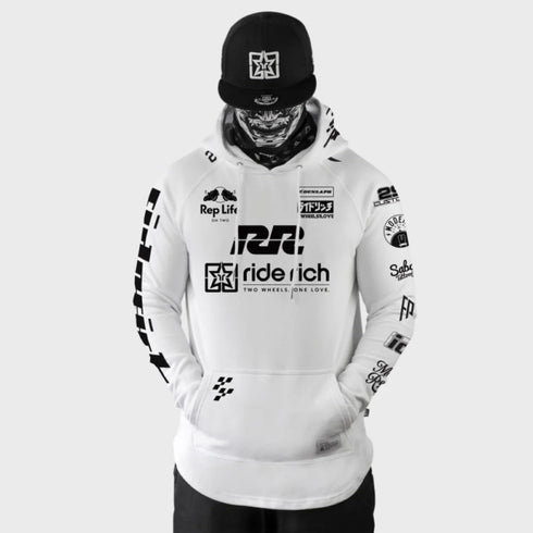 Ride Rich RR Racing Scoop Motorcycle Hoodie White