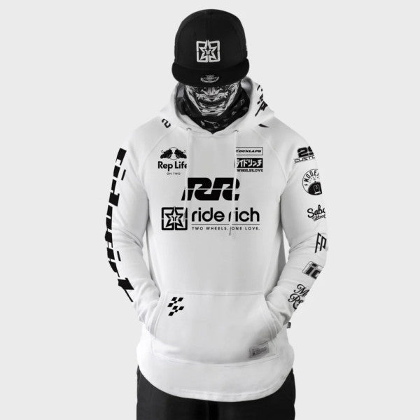 Ride Rich RR Racing Scoop Motorcycle Hoodie White
